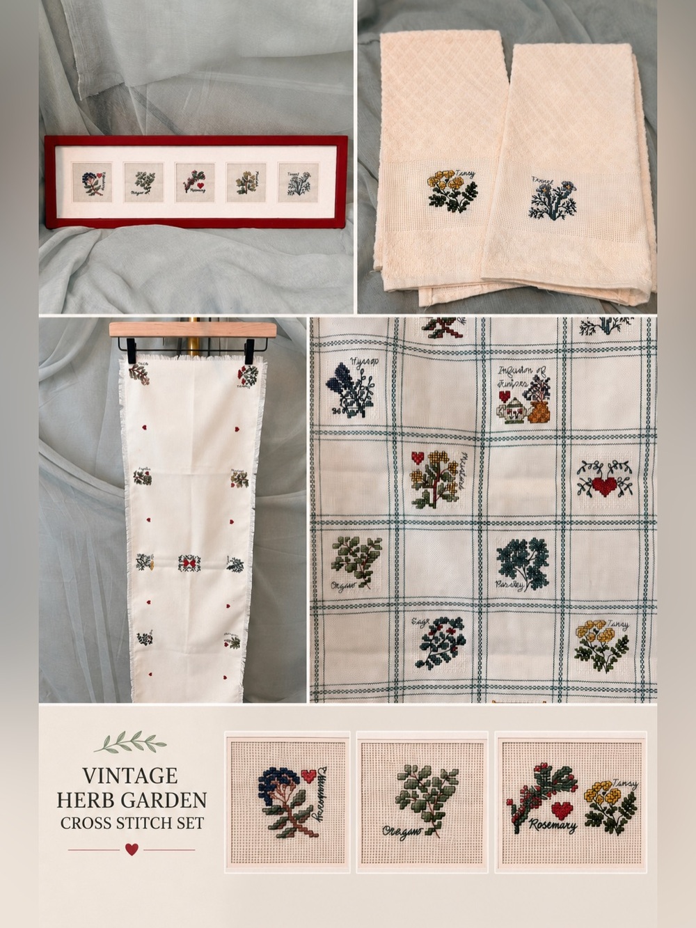 Hand Crafted Red Framed Floral Cross-Stitch Set
